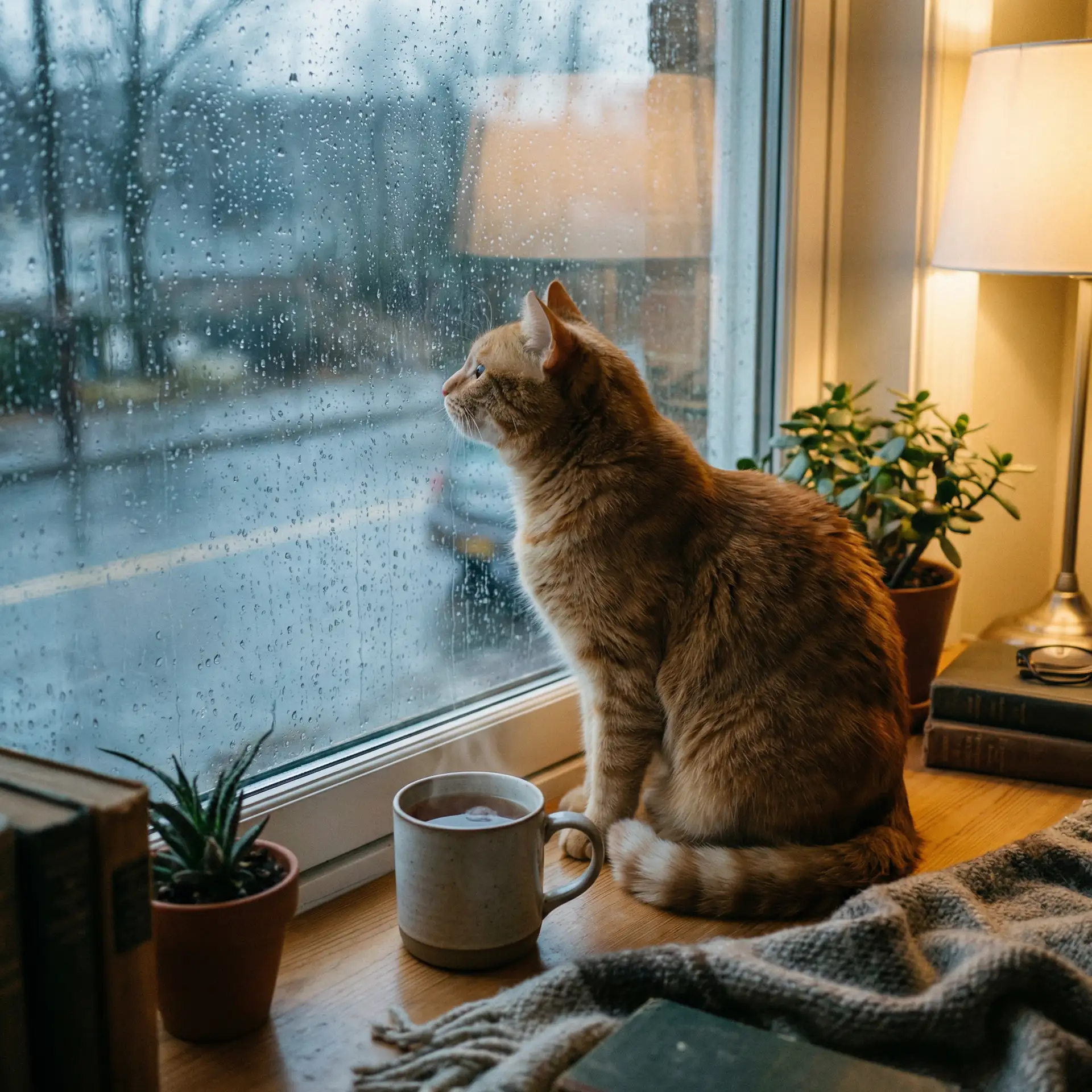 猫咪望着窗外的雨 - 美女被干